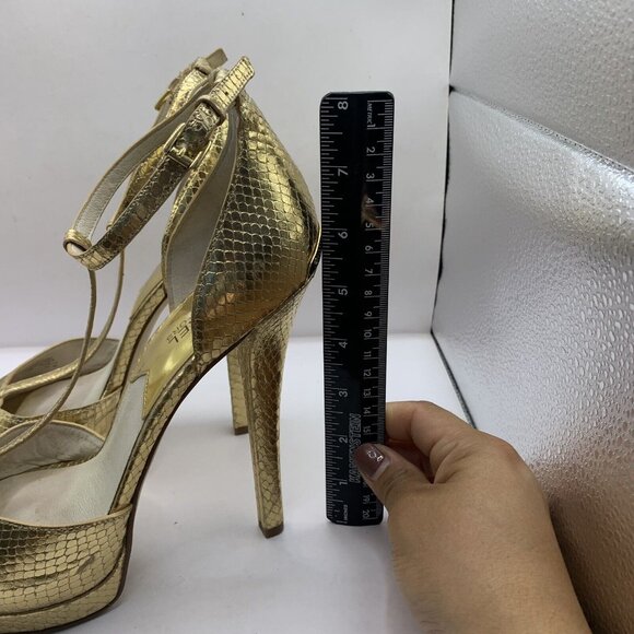 Michael Kors Brenna T Strap Peep Toe Sandal metallic gold High Heels Sz 9.5M E2 - Picture 3 of 7